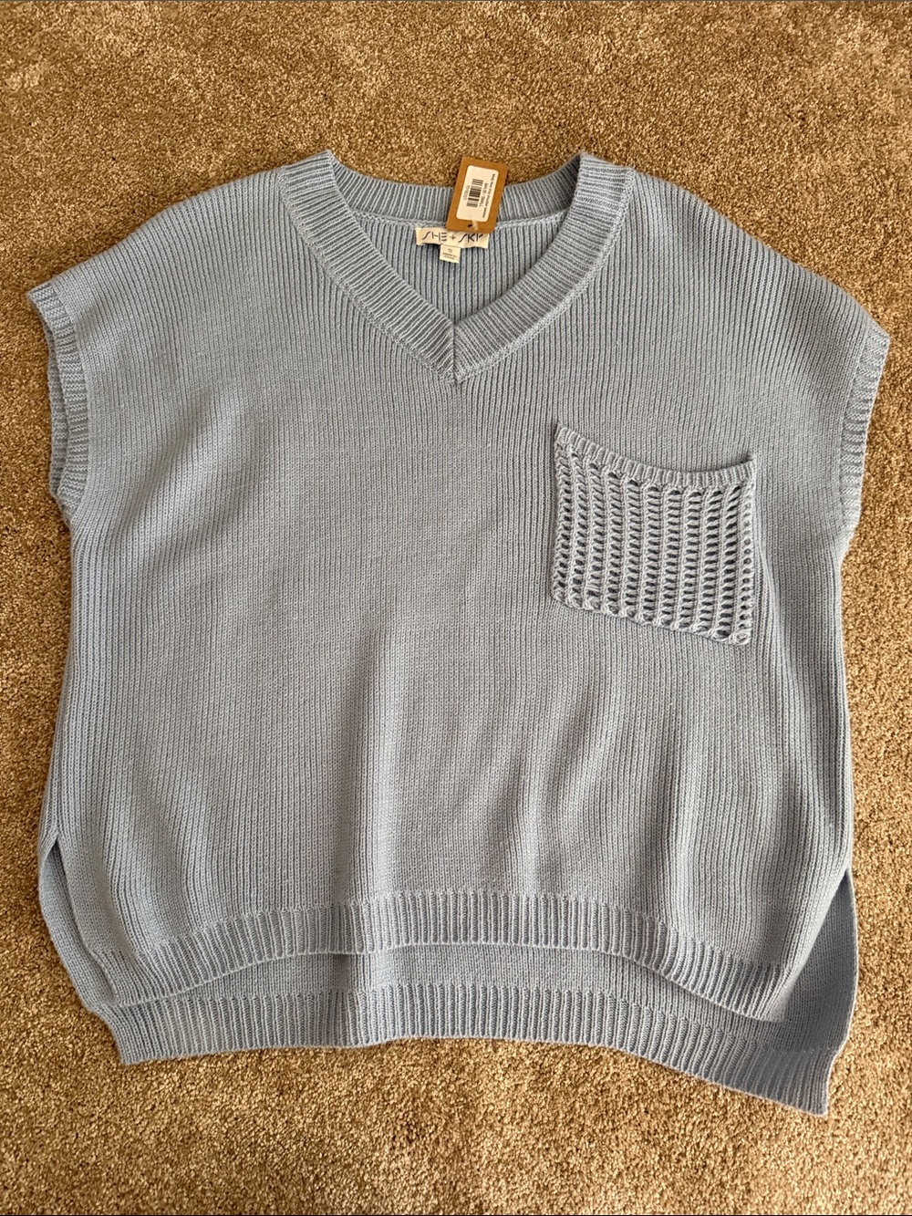 She + Sky Light Blue V-Neck Knit Sweater with pocket